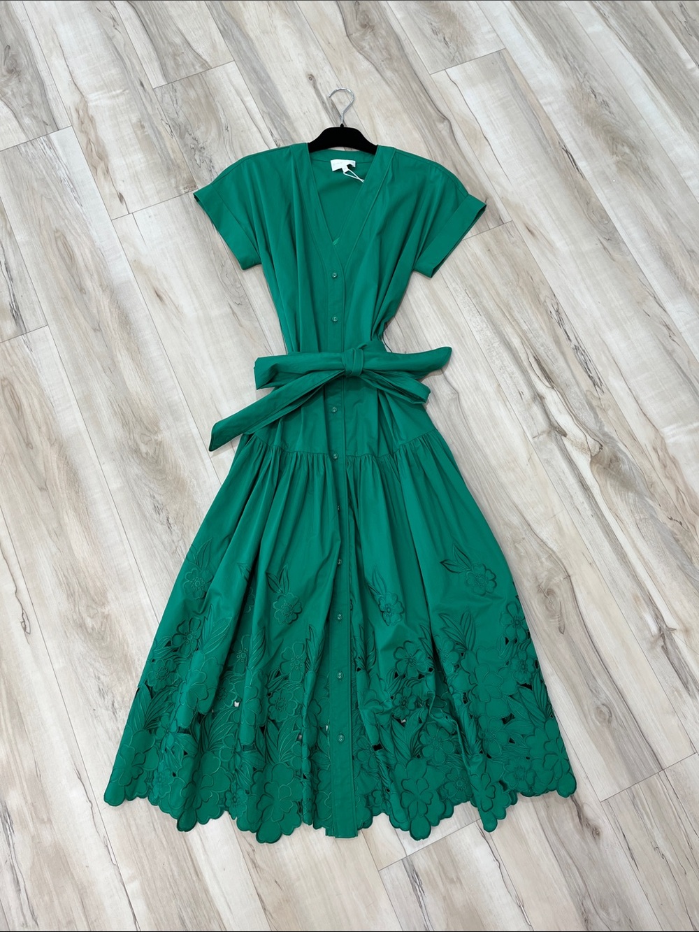 Emerald Green Button-Front Midi Dress with Waist Tie